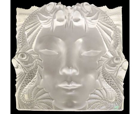 A Lalique Masque De Femme Frosted and Clear Glass Plaque, modern, model No.11645, signed Lalique (R) France, and labelled 116