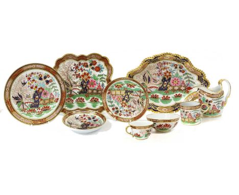 An Assembled Worcester Part Tea Service, circa 1800-1820, decorated in the Imari palette with a garden landscape, various imp