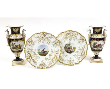 A pair of Grainger, Lee &amp; Co Worcester Porcelain Vases, circa 1830, modelled in Empire style with moulded eagle handles, 