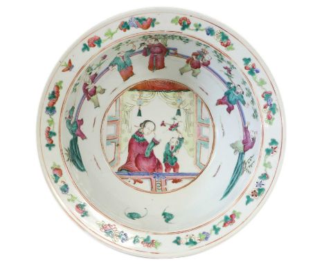 A Chinese Porcelain Basin, 19th century, with everted rim and painted in famille rose enamels with a mother and child seated 