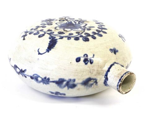 A Pearlware Flask, circa 1800, of compressed globular form, painted in underglaze blue with convolvulus under a band of trail