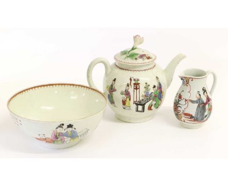 A Worcester Porcelain Waste Bowl, circa 1770, painted in coloured enamels with a group of Mandarin figures in an outdoor sett