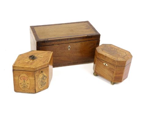 A George III Satinwood, Penwork and Marquetry Tea Caddy, of rectangular hexagonal form, decorated with a classical maiden fla
