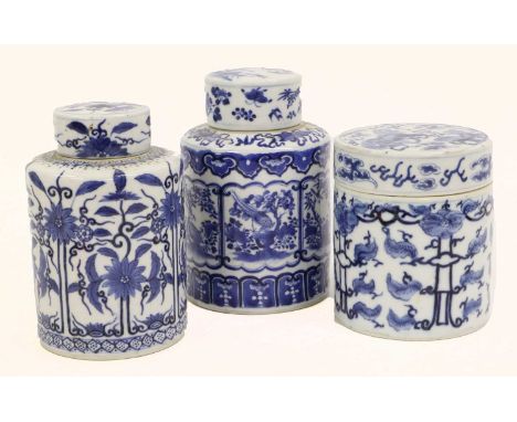A Chinese Porcelain Tea Canister and Cover, Kangxi mark but 19th century, of cylindrical form, painted in underglaze blue wit