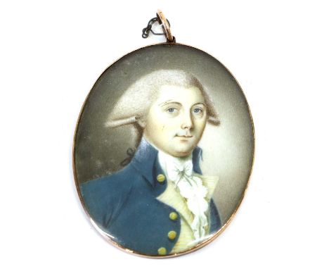 English School, circa 1800: A Miniature Bust Portrait of a Gentleman, wearing a white stock and blue jacket, oval, on ivory 5