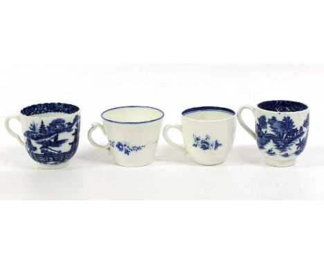 A Caughley Coffee Cup, circa 1780, of bucket shape, with ozier moulded border and scrolling handle, painted in underglaze blu