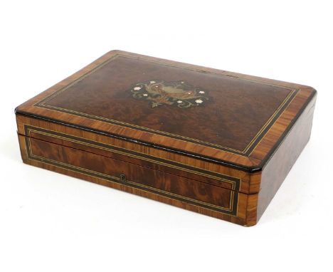 A Napoleon III Mother-of-Pearl and Brass-Inlaid Thuya and Kingwood Games Box, the hinged rectangular top with foliate and scr
