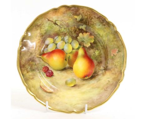 A Royal Worcester Porcelain Plate, 1935, by Richard Sebright, of scalloped form, painted with pears, grapes and blackberries 