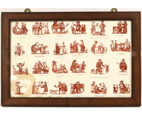 A Large Mintons Pottery Tile, circa 1895, printed in underglaze red with twenty four titled scenes from the Cries of London, 