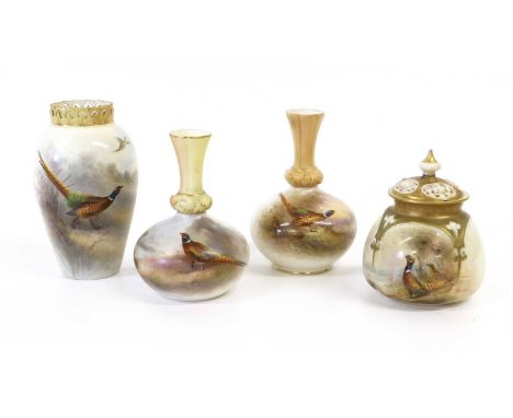 A Royal Worcester Porcelain Small Potpourri Jar and Cover, 1919, by James Stinton, painted with a cock and hen pheasant, prin