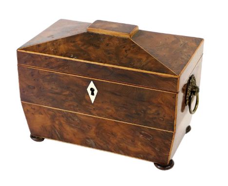 A Regency Burr Yewwood and Boxwood-Strung Tea Caddy, the hinged cover enclosing two lidded compartments with ivory knops over