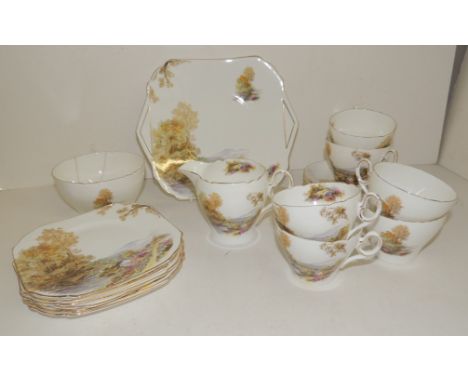 A Shelley Heather pattern tea set comprising sandwich plate, milk jug, sugar bowl, 6 cups, 6 saucers and 6 plates ++sugar bow