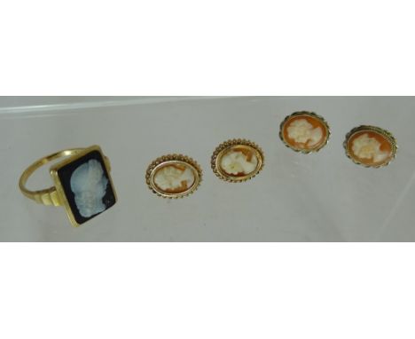 A square 9ct gold cameo ring, cut with a ladies head in profile, size P.  A pair of 9ct gold shell cameo, pierced ear studs a