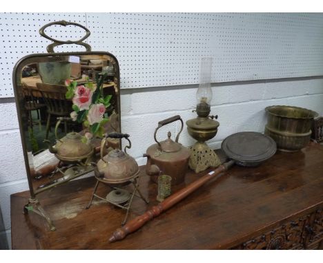 A brass oil lamp, brass jardiniere, copper warming pan, copper kettles, brass framed painted glass fire screen etc