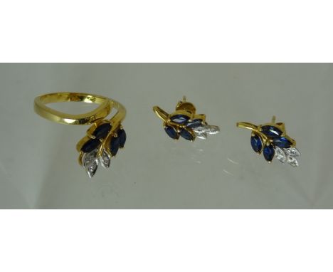 A 14ct gold ring set with sapphires and diamonds in a leaf design (A/F) and a matching pair of pierced earrings.  Ring size p