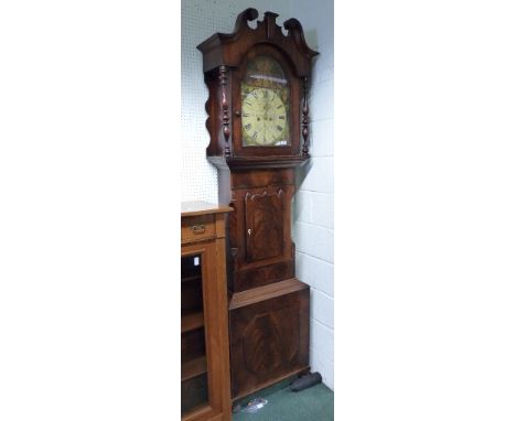 A 19th Century mahogany, wide longcase clock.  The arched dial painted with windmills and cottages to the spandrels, painted 