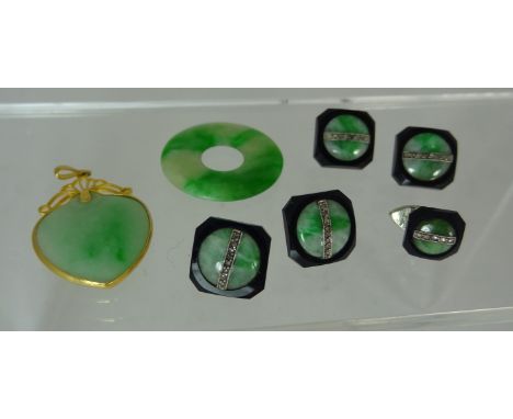 A green jade heart shaped pendant piece, within a gold metal surround marked 18k, set of four Art Deco style, diamond and jad