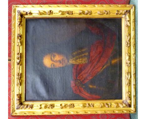 IN THE MANNER OF SIR GODFREY KNELLER - Portrait of William III, oil on canvas, 71cms x 61cms in 19th Century carved giltwood 