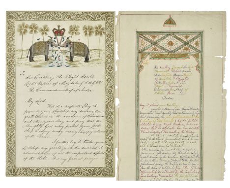 * India. Illuminated letter signed from Pusapati Vijayarama Gajapathi Raju III, Maharaja of Vizianagram (1826-1879) to Robert