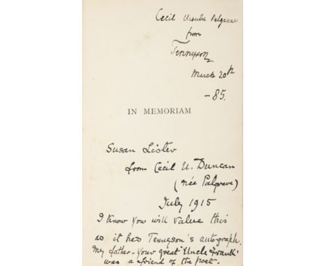 Tennyson (Alfred, Lord). In Memoriam, Macmillan and Co., 1884, inscribed by the author on the half-title, with a later gift i