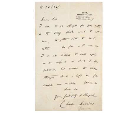 * Darwin (Charles, 1809-1822). Autograph letter signed, 'Charles Darwin', Down, Beckenham, Kent, 26 April 1876, t o J.E. Hart