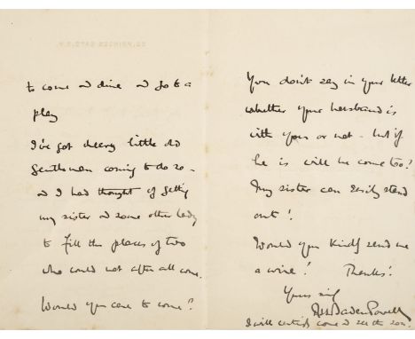 * Baden-Powell (Sir Robert, 1st Baron, 1857-1941). Autograph Letter Signed, 'R.S.S. BadenPowell', 32, Princes Gate, London, S