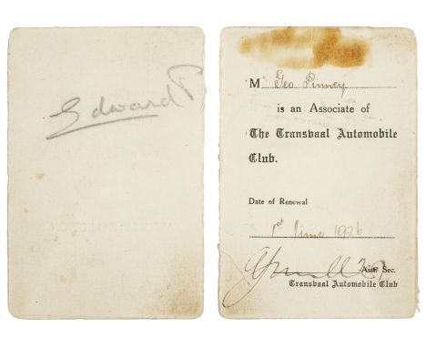 * Edward VIII (King of England, 1894-1972). Associated membership card for the Transvaal Automobile Club, a linenised folded 