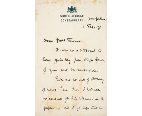 * Baden-Powell (Sir Robert, 1st Baron, 1857-1941). Autograph Letter Signed, 'R. BadenPowell', Zuurfontein, 12 February 1901, 