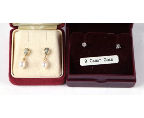 A pair of 9ct gold and pearl drop earrings; together with a pair of 9ct gold stud earrings, both boxed.