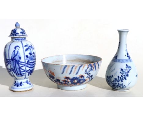 A Chinese blue & white vase and cover decorated with figures and flowers, artemisia mark to the underside, 16cms high; togeth