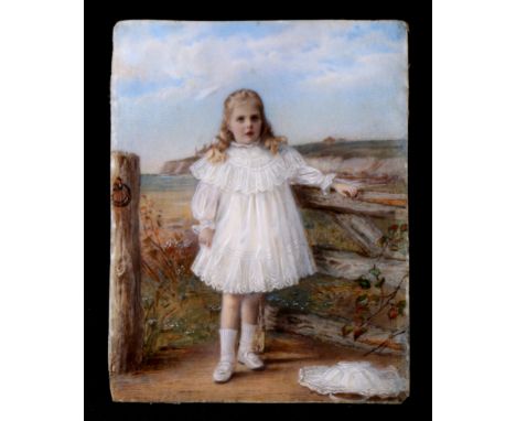 An early 20th century portrait miniature on ivorine depicting a young girl standing by a gate, unframed, 7 by 9.5cms.