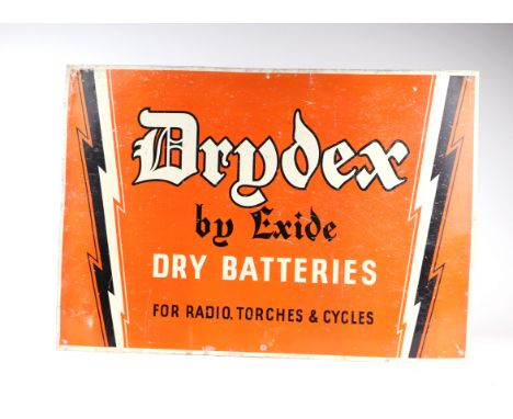 A 1960's Drydex by Exide dry batteries for radio, torches and cycles tin advertising sign, 62 by 44cms.