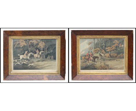 Hunting interest:  After Henry Alken, a pair of coloured engravings 'Throwing Off' and 'Breaking Cover', printed by Clark & D
