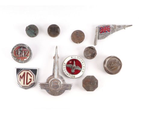 Assorted badge bar badges and other automobilia including Wild Fowler's Association badge bar badge, MG bonnet badge, Morris 