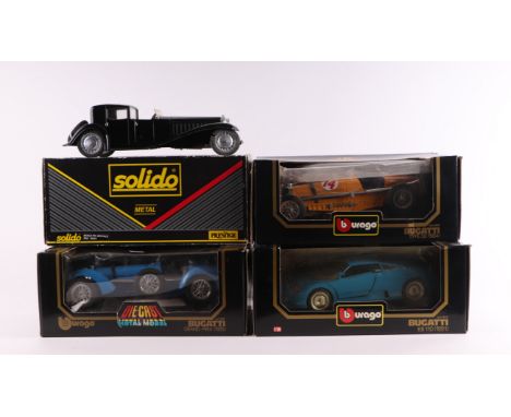 Four 1:18 scale diecast models comprising Solido Bugatti Royale, cat no. 8001; Bugatti EB110 (1991) cat no. 3035; Bugatti Gra