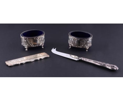 A pair of silver salts with blue glass liners; (indistinct hallmarks) together with a silver handled cheese knife; a Danish w