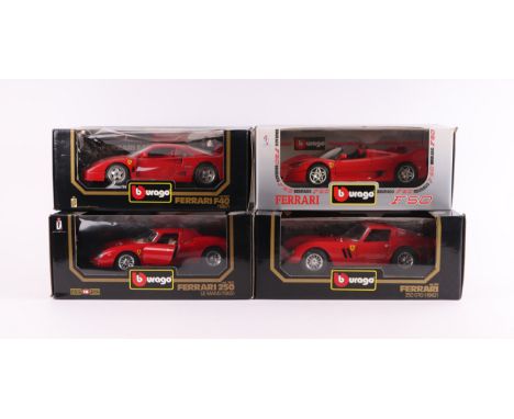 Four Bburago 1:18 scale diecast models comprising Ferrari 250 GTO (1962) cat no. 3011; Ferrari 250 Le Mans (1965) cat no. 303