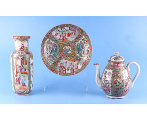 A Chinese Canton Export famille rose teapot, 20cs high; together with a similar vase, 26cms high; and similar plate, 24cms di