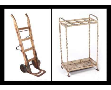 A railway porter's wooden and metal sack truck; and stick stand (2).