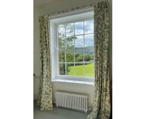 A pair of vintage Colefax & Fowler Chinese Toile de Jouey pattern interlined curtains with tiebacks, approx 120cms width by 2