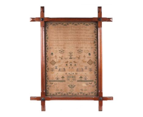 A mid 19th century sampler with verse, animals and flowers within a meandering border by Mary Starr and dated May 1844, 32 by