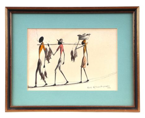 Bon Chandiyanba (20th century South African school) - Figures Carrying Fish - coloured print, signed & dated 1992 lower right