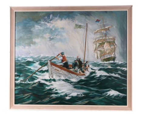 A J Bunce (20th century school) - Seascape with Sailors in a Small Boat and a Sailing Ship in the Distance - signed & dated '