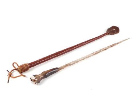 A leather riding crop short swordstick with carved horn handle in the form of a shod hoof. 51cm long, blade length 32cm