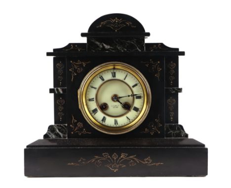A Victorian black slate mantle clock, the enamelled dial with Roman numerals and fitted with a 8-day movement striking on a g