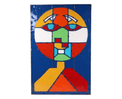 A contemporary stained glass style enamel picture in the form of a multi coloured head and shoulders, on a blue ground, 80 by