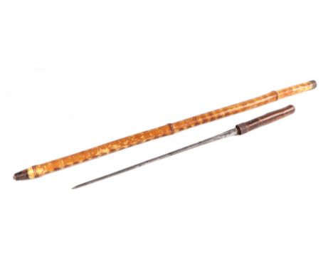 A bamboo shafted French sword stick with square tapering blade, marked to blade ROULEAU. Blade length 37.5cms (14.75ins) and 