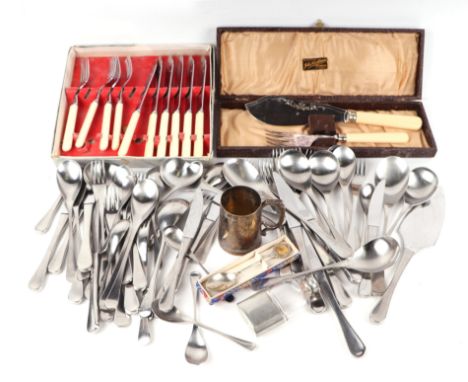 A quantity of Robert Welch design stainless steel cutlery; together with a silver plated christening tankard; a small silver 