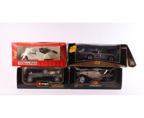 Four 1:18 scale diecast models comprising Bburago Mercedes Benz SSKL (1931) cat no. 3007; Mercedes Benz 500K Roadster (1936) 