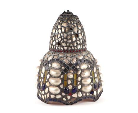 A French Art Nouveau style hanging light shade with mother of pearl and cabochon style decoration, approx 27cms diameter.Cond